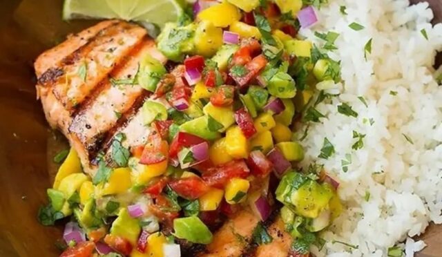 Grilled Salmon with Mango Salsa and Coconut Rice