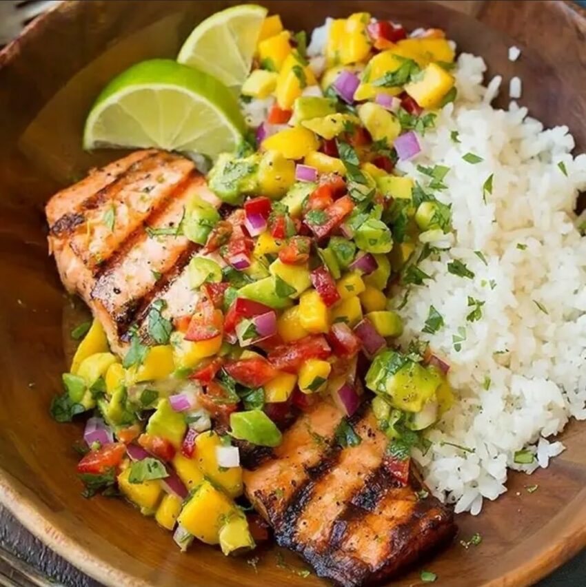 Grilled Salmon with Mango Salsa and Coconut Rice