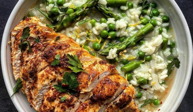 Spring Risotto with Parmesan Chicken