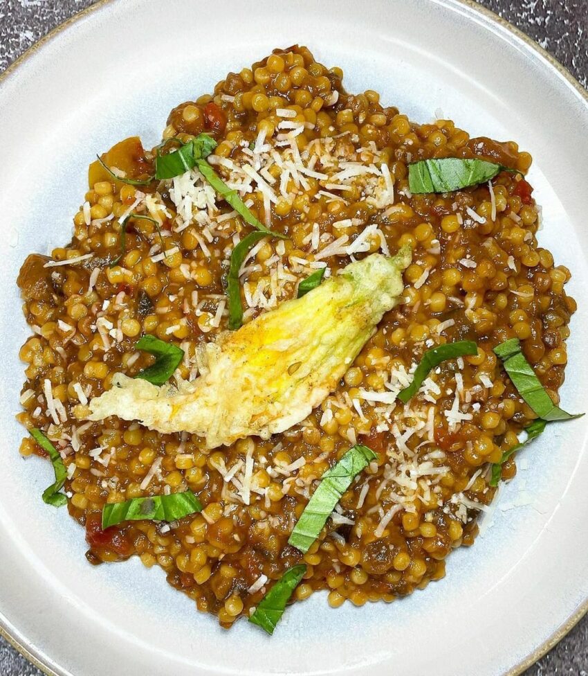 Aubergine ragu and tomato pasta with ricotta stuffed courgette