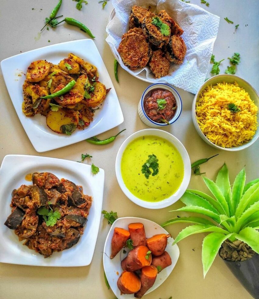 PKhuri kitchri with sides Sweet potatoes boiled