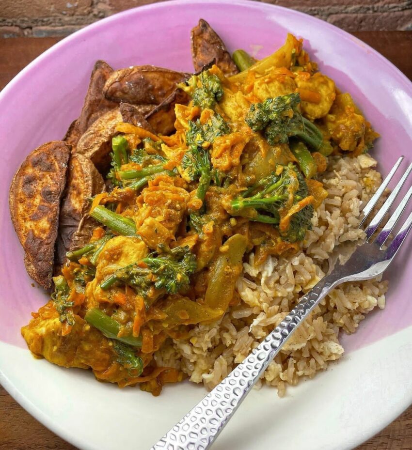 Chinese Chicken Curry, Egg Fried Rice & Chips