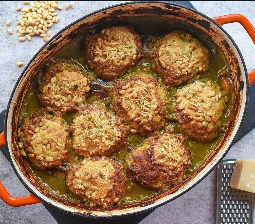 Pesto vegetable casserole with parmesan and pinenut dumplings