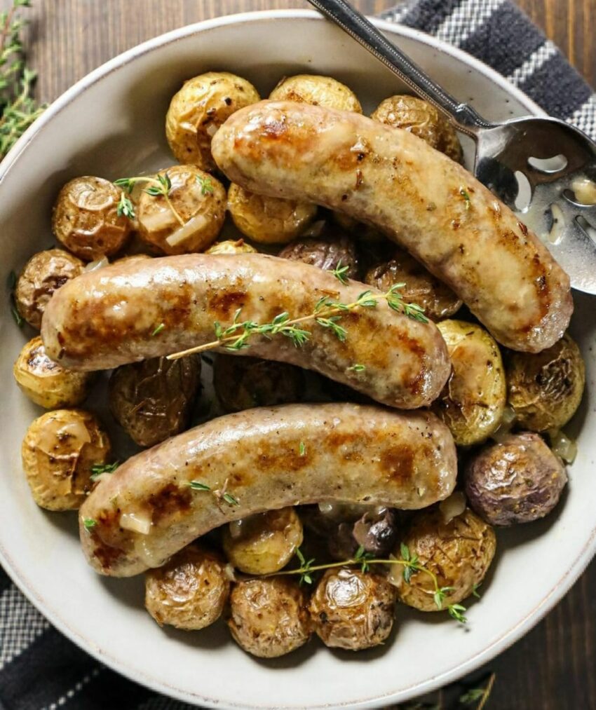 Oven Roasted Brats & Potatoes with Shallot Gravy
