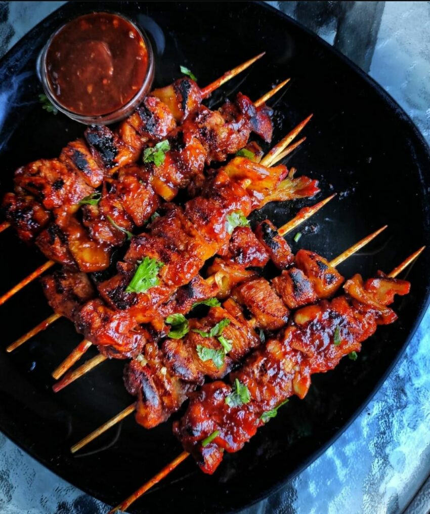 Grilled sticky sweet chicken skewers