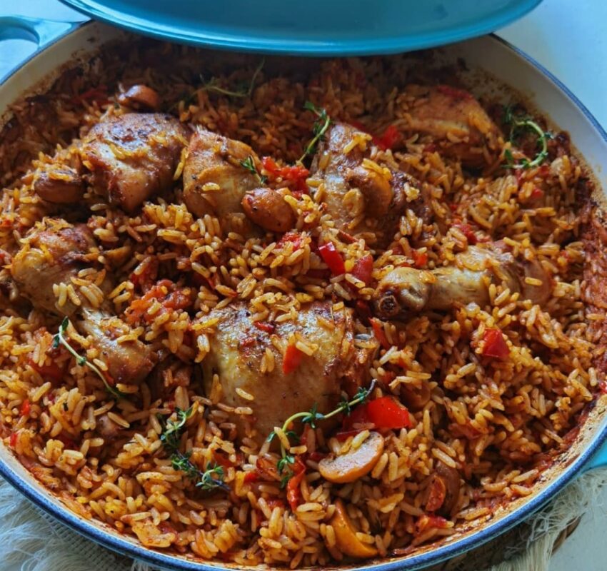 One pot oven bake chicken, mushrooms and rice
