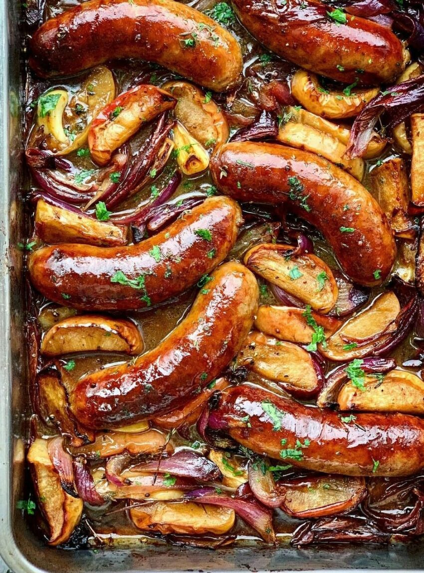 Roasted Sausages with Caramelised Apples and Onions