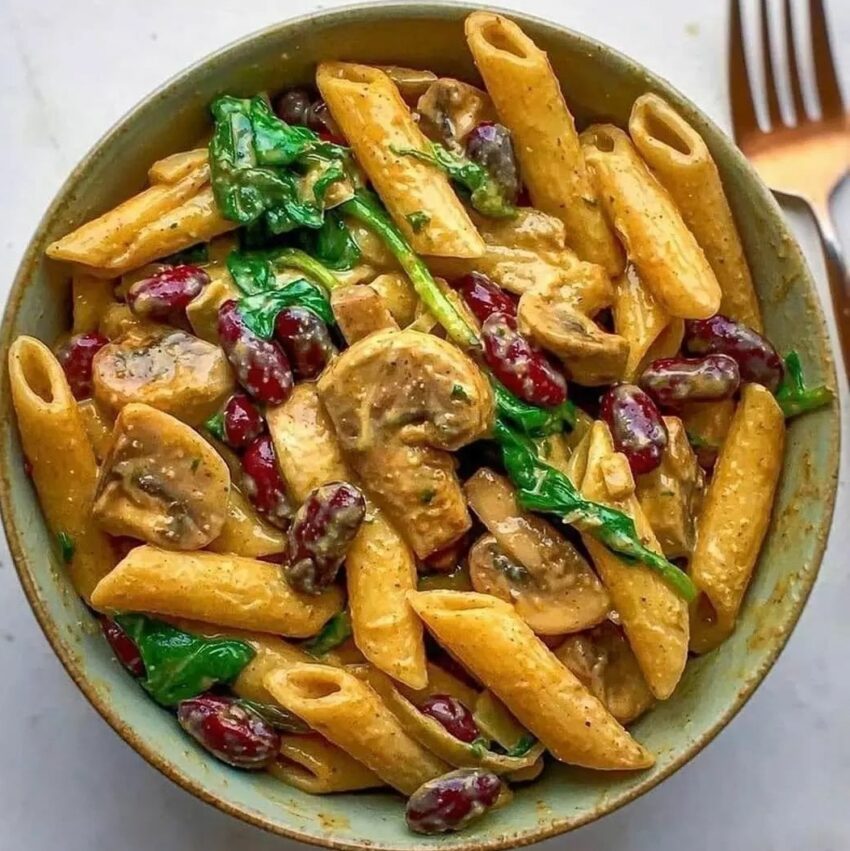 Creamy Curry Pasta with mushrooms spinach & red kidney beans