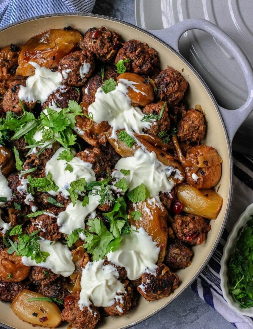 Harissa spiced meatballs baked with chickpeas