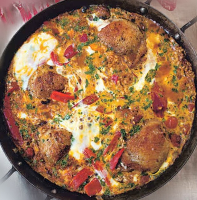 crusted chicken and chorizo paella