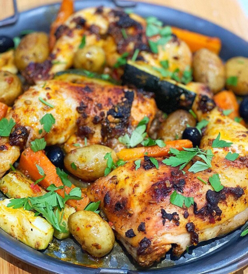 Moroccan inspired chicken tray bake