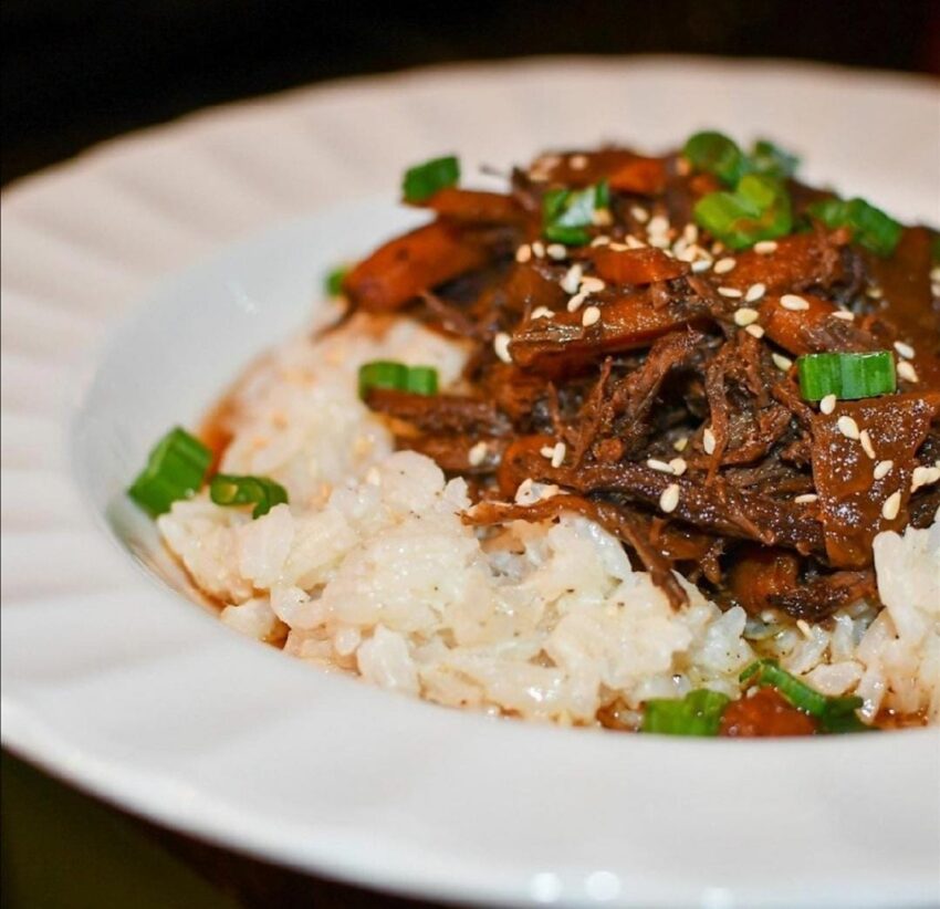 Pomegranate Hoisin Glazed Duck with Parmesan Rice