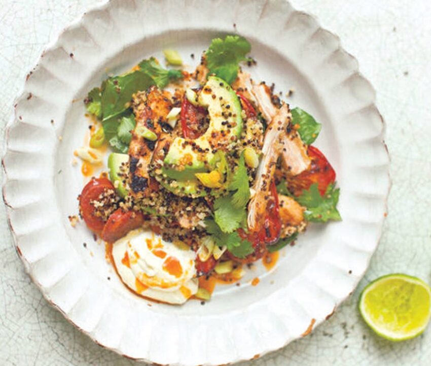 warm salad of chipotle-griddled chicken chorizo and quinoa with lime crème fraîche