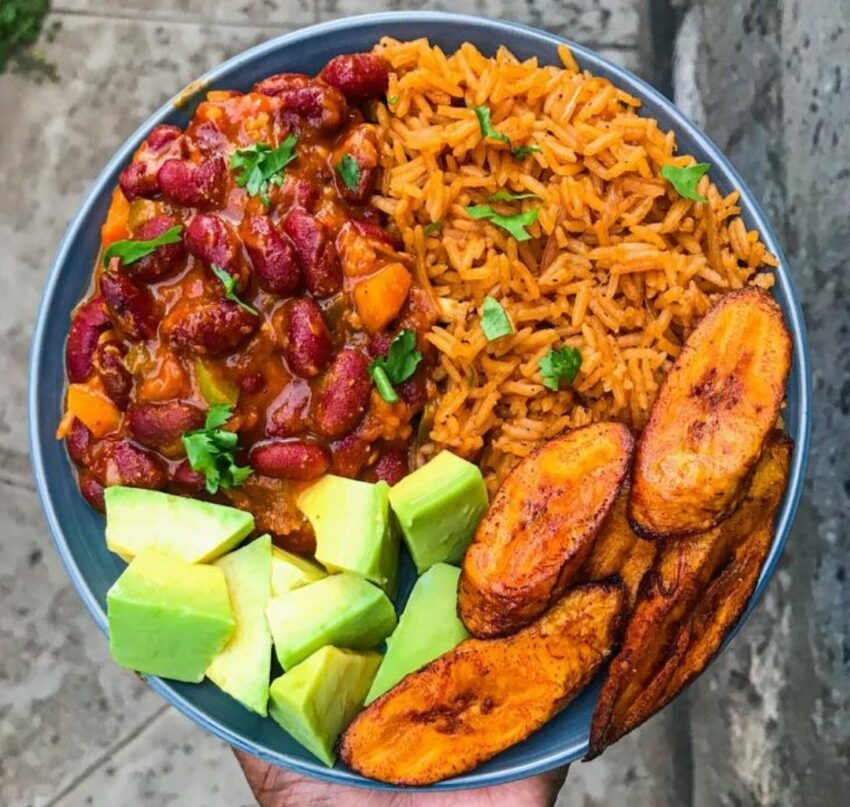 Bean stew, tomato rice & plantain and avocado