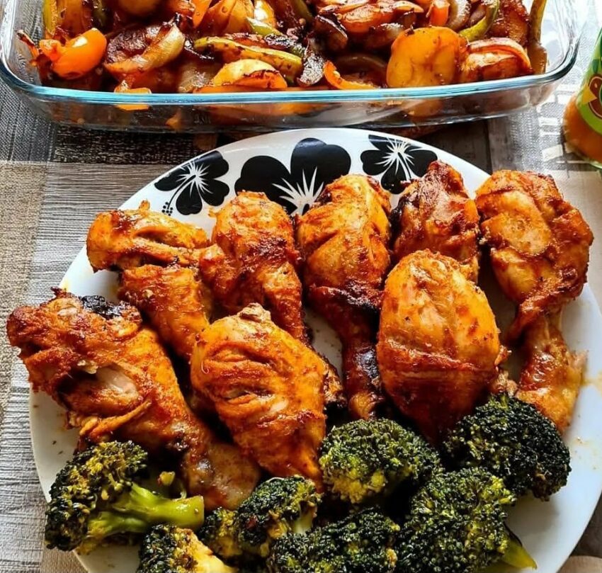 Crispy Baked Tandoori Chicken Drumsticks with veggies
