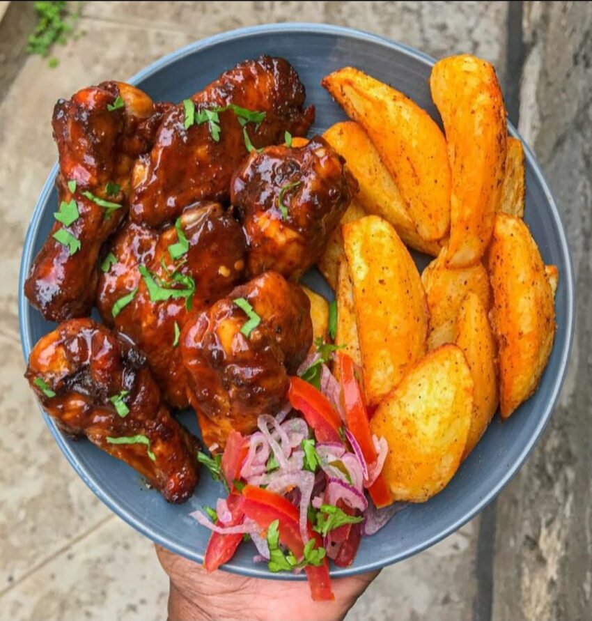 Bbq chicken wings, roast potatoes and kachumbari