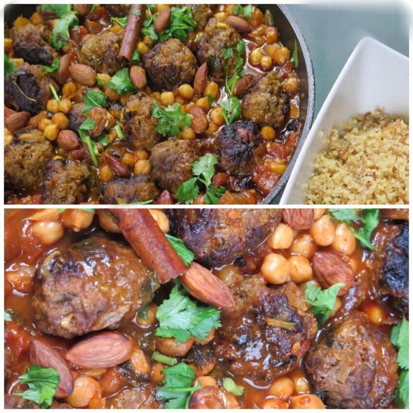 Aromatic and spicy meatball tagine with dried apricots