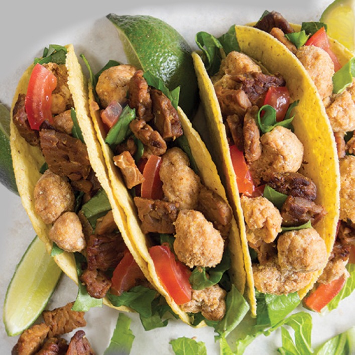 TEMPEH TACOS WITH BREADED AND BAKED CAULIFLOWER