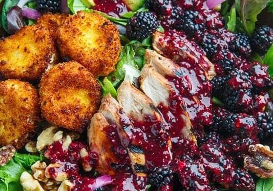 Blackberry Balsamic Grilled Chicken Salad with Crispy Fried Goat Cheese