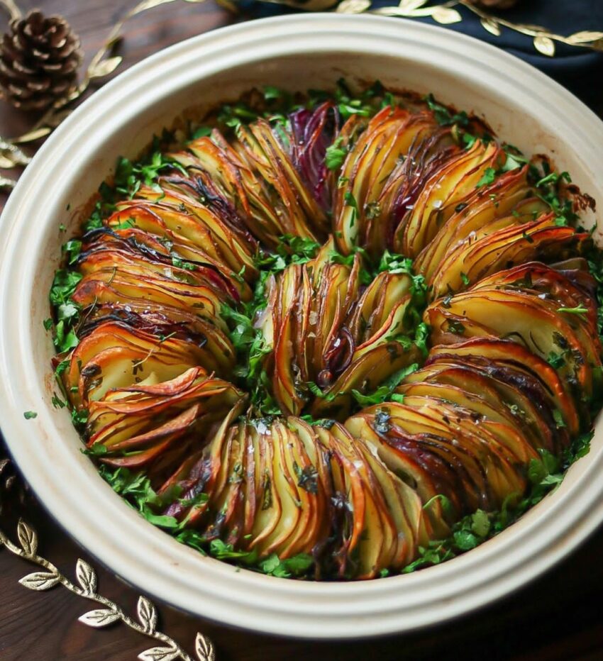 Herby Garlic Butter and Red Onion Christmas Wreath Potatoes
