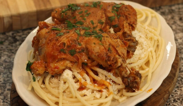 Greek Chicken Stew over Pasta: Corfu Chicken Pastitsada