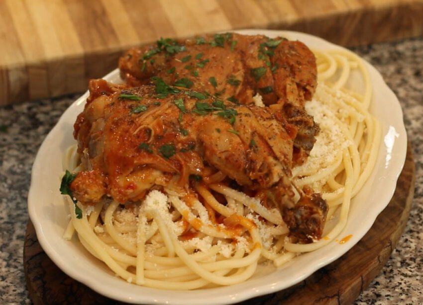 Greek Chicken Stew over Pasta: Corfu Chicken Pastitsada