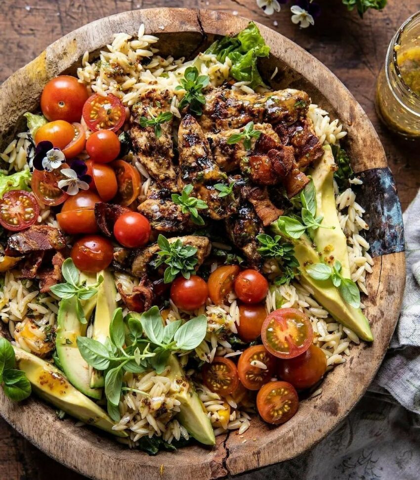 Grilled Lemon Herb Chicken Avocado Orzo Salad