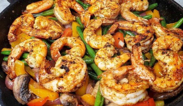 Seared Fiesta Shrimp on Cast Iron Veggies