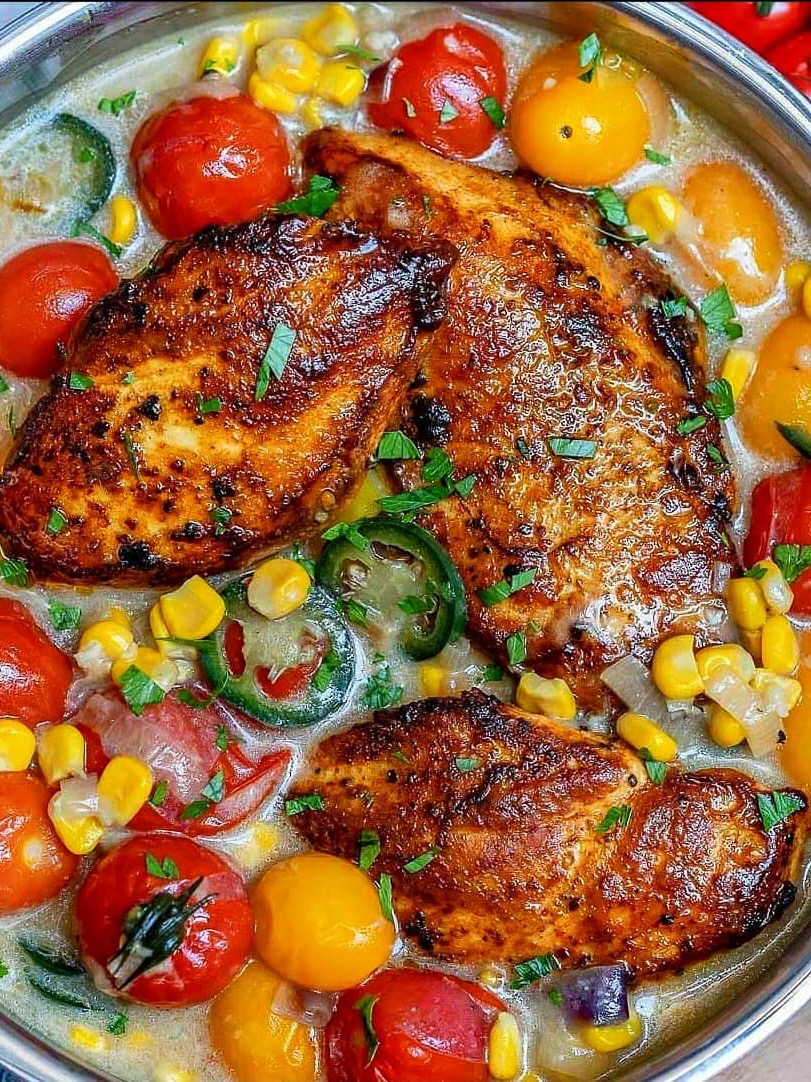 Blackened Chicken with Creamy Corn & Cherry tomatoes