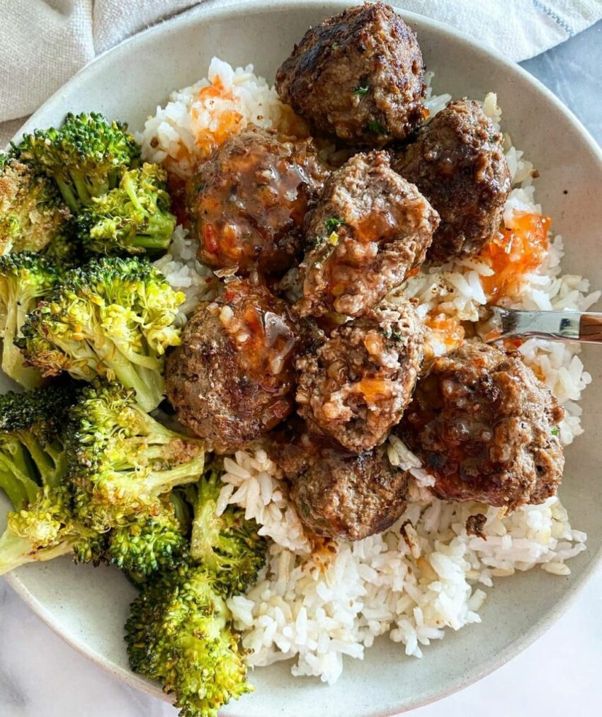 Sweet and Sour beef meatballs & roasted garlic broccoli