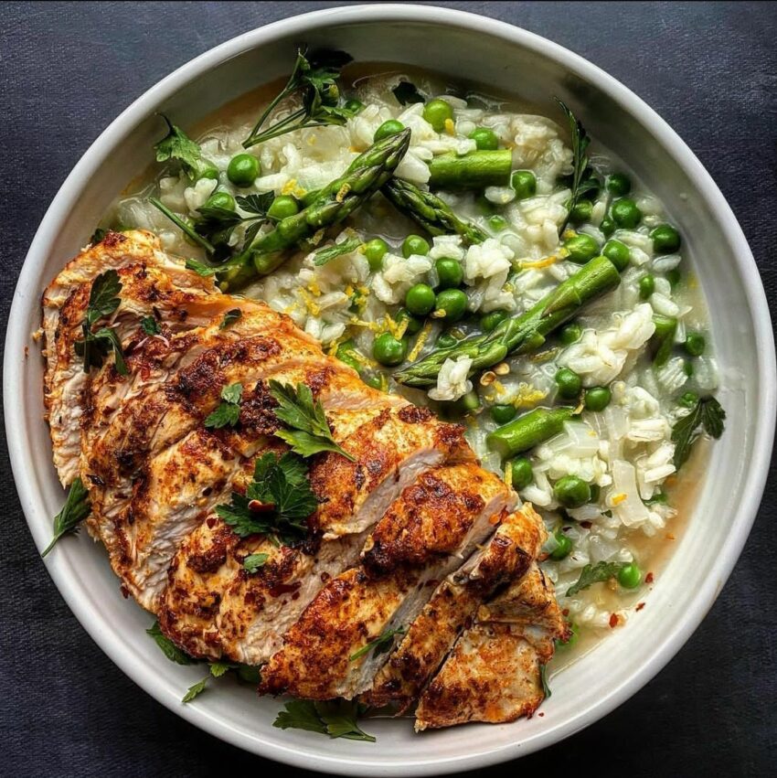 Spring Risotto with Parmesan Chicken