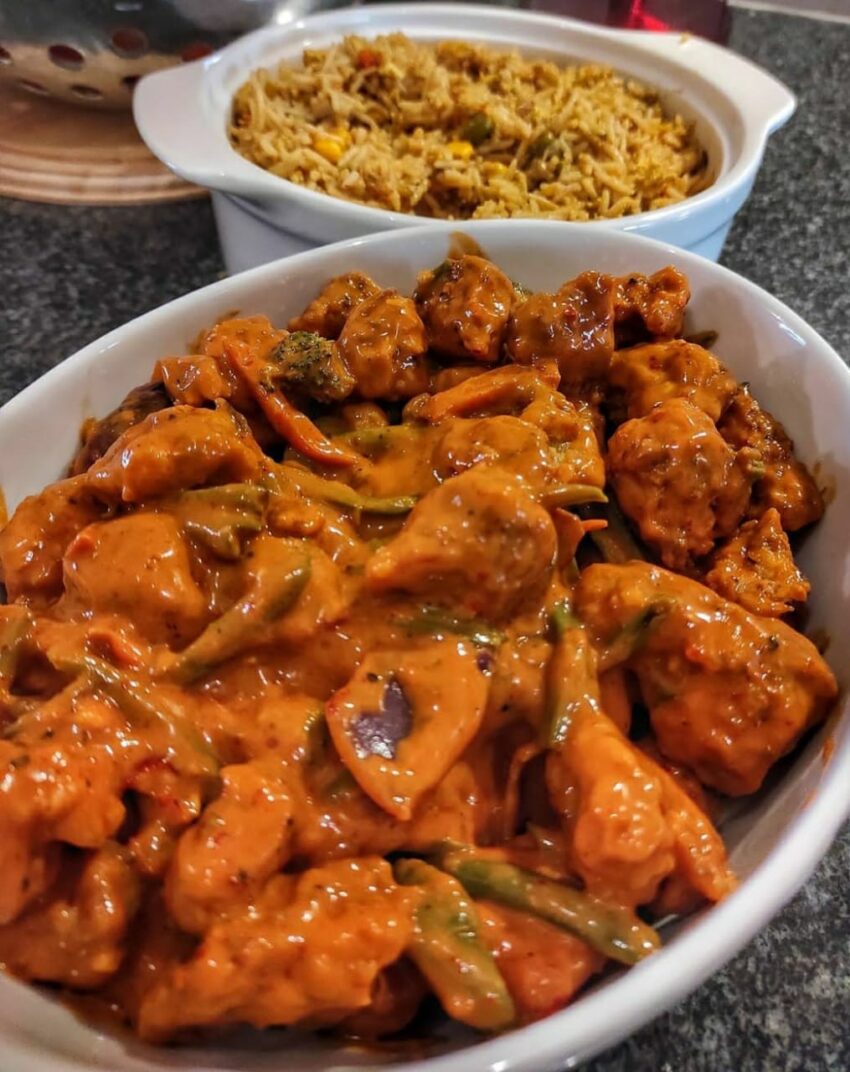 Dynamite chicken with veg and egg fried rice