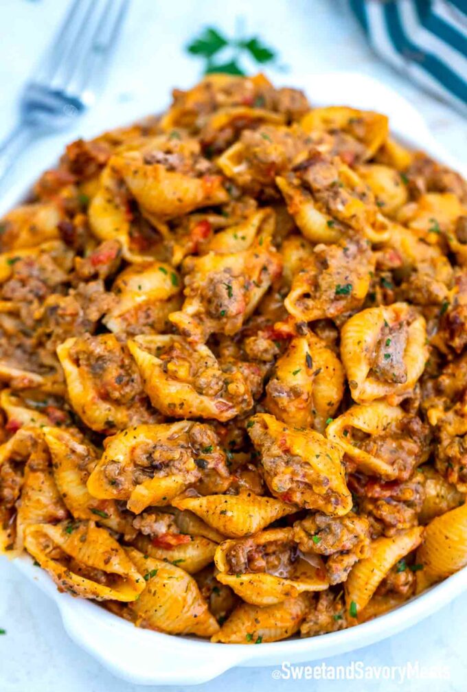 a plate of creamy beef and shells
