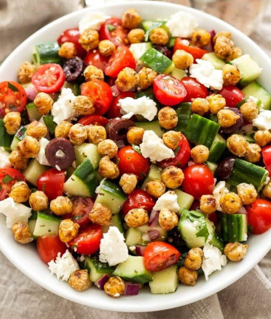 Tomato Cucumber Salad with Crispy Chickpeas