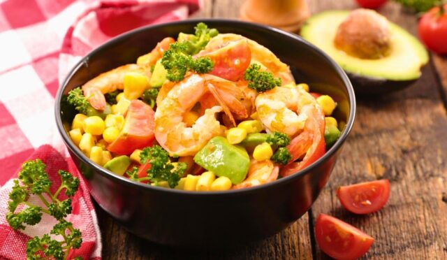 Blackened Shrimp and Grilled Corn Salad with Avocado Ranch