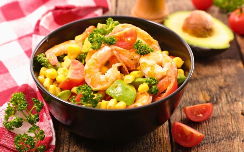 Blackened Shrimp and Grilled Corn Salad with Avocado Ranch